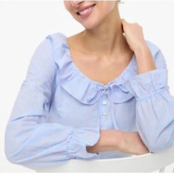 NWT J Crew Ctn Chambray Dobby Blue Ruffled Peasant Blouse Long Sleeve - Picture 1 of 9